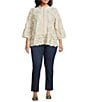 John Mark Plus Size Allover Floral Embroidered Spread Collar 3/4 Sleeve Peasant Top, Color:Ivory - Image 3