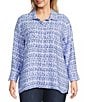 John Mark Plus Size Allover Ikat Print Point Collar 3/4 Sleeve Hi-Low Hem Button-Front Shirt, Color:Blue Print - Image 1