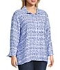 John Mark Plus Size Allover Ikat Print Point Collar 3/4 Sleeve Hi-Low Hem Button-Front Shirt, Color:Blue Print - Image 3