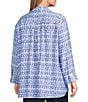 John Mark Plus Size Allover Ikat Print Point Collar 3/4 Sleeve Hi-Low Hem Button-Front Shirt, Color:Blue Print - Image 4