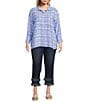 John Mark Plus Size Allover Ikat Print Point Collar 3/4 Sleeve Hi-Low Hem Button-Front Shirt, Color:Blue Print - Image 5