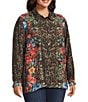 John Mark Plus Size Animal Skin Floral Multi Print Point Collar Long Roll-Tab Sleeve Button Front Tunic, Color:Animal Skin Multi - Image 7