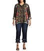 John Mark Plus Size Animal Skin Floral Multi Print Point Collar Long Roll-Tab Sleeve Button Front Tunic, Color:Animal Skin Multi - Image 9