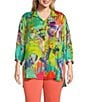 Color:Multiple - Image 1 - Plus Size Butterfly Print Wire Collar 3/4 Sleeve Button Front Tunic