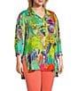 Color:Multiple - Image 3 - Plus Size Butterfly Print Wire Collar 3/4 Sleeve Button Front Tunic