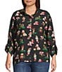 John Mark Plus Size Christmas Novelty Dog Print Wire Collar 3/4 Cinched Tie Sleeve Button Front Blouse, Color:Black - Image 1