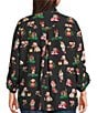 John Mark Plus Size Christmas Novelty Dog Print Wire Collar 3/4 Cinched Tie Sleeve Button Front Blouse, Color:Black - Image 2
