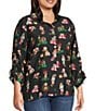 John Mark Plus Size Christmas Novelty Dog Print Wire Collar 3/4 Cinched Tie Sleeve Button Front Blouse, Color:Black - Image 3