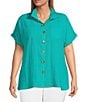 Color:Green Aqua - Image 1 - Plus Size Crinkle Short Dolman Sleeve Point Collar Button Front Shirt