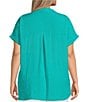 Color:Green Aqua - Image 2 - Plus Size Crinkle Short Dolman Sleeve Point Collar Button Front Shirt