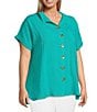 Color:Green Aqua - Image 3 - Plus Size Crinkle Short Dolman Sleeve Point Collar Button Front Shirt