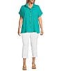 Color:Green Aqua - Image 4 - Plus Size Crinkle Short Dolman Sleeve Point Collar Button Front Shirt