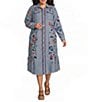 John Mark Plus Size Denim Floral Paisley Embroidered Point Collar Roll Tab Sleeve Button Front Shirtdress - Image 1