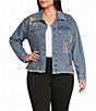 John Mark Plus Size Denim Mixed Patch Panel Dog Print Point Collar Long Sleeve Button Front Jacket - Image 1