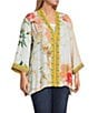 John Mark Plus Size Embroidered 3/4 Sleeve Floral Abstract Kimono, Color:Multi - Image 3