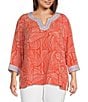 John Mark Plus Size Embroidered Allover Tropical Leaf Print Split V-Neck 3/4 Sleeve Tunic, Color:Leaf Print - Image 1