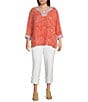 John Mark Plus Size Embroidered Allover Tropical Leaf Print Split V-Neck 3/4 Sleeve Tunic, Color:Leaf Print - Image 5