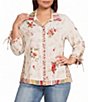 John Mark Plus Size Embroidered Floral Multicolor Stripe Point Collar 3/4 Cinched Sleeve Button-Front Shirt - Image 1