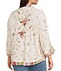 John Mark Plus Size Embroidered Floral Multicolor Stripe Point Collar 3/4 Cinched Sleeve Button-Front Shirt - Image 3