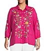 Color:Fuchsia - Image 1 - Plus Size Embroidered Floral Point Collar 3/4 Puff Sleeve Button-Front Woven Tunic