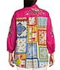 Color:Fuchsia - Image 2 - Plus Size Embroidered Floral Point Collar 3/4 Puff Sleeve Button-Front Woven Tunic
