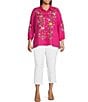 Color:Fuchsia - Image 3 - Plus Size Embroidered Floral Point Collar 3/4 Puff Sleeve Button-Front Woven Tunic