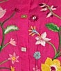 Color:Fuchsia - Image 4 - Plus Size Embroidered Floral Point Collar 3/4 Puff Sleeve Button-Front Woven Tunic