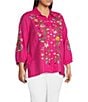 Color:Fuchsia - Image 5 - Plus Size Embroidered Floral Point Collar 3/4 Puff Sleeve Button-Front Woven Tunic
