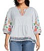 John Mark Plus Size Embroidered Floral Stripe Split V-Neck 3/4 Sleeve Top - Image 1