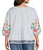 John Mark Plus Size Embroidered Floral Stripe Split V-Neck 3/4 Sleeve Top - Image 2