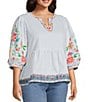 John Mark Plus Size Embroidered Floral Stripe Split V-Neck 3/4 Sleeve Top - Image 3