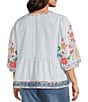 John Mark Plus Size Embroidered Floral Stripe Split V-Neck 3/4 Sleeve Top - Image 4