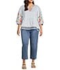 John Mark Plus Size Embroidered Floral Stripe Split V-Neck 3/4 Sleeve Top - Image 5
