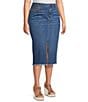 John Mark Plus Size Embroidered Front Slit Midi Denim Skirt, Color:Medium Denim - Image 3