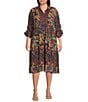 John Mark Plus Size Embroidered Mixed Print Collared Y-Neck 3/4 Cinched Tie Sleeve Tiered A-Line Midi Dress, Color:Multi - Image 1