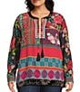 John Mark Plus Size Embroidered Mixed Print Split V-Neck Long Roll-Tab Sleeve Tassel Tie Tunic, Color:Multi - Image 1