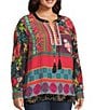 John Mark Plus Size Embroidered Mixed Print Split V-Neck Long Roll-Tab Sleeve Tassel Tie Tunic, Color:Multi - Image 3