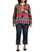 John Mark Plus Size Embroidered Mixed Print Split V-Neck Long Roll-Tab Sleeve Tassel Tie Tunic, Color:Multi - Image 5