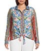 John Mark Plus Size Embroidered Multi Floral Point Collar Long Roll-Tab Sleeve Tie-Front Top, Color:Floral Multi - Image 1