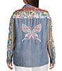 John Mark Plus Size Embroidered Multi Floral Point Collar Long Roll-Tab Sleeve Tie-Front Top, Color:Floral Multi - Image 2