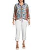 John Mark Plus Size Embroidered Multi Floral Point Collar Long Roll-Tab Sleeve Tie-Front Top, Color:Floral Multi - Image 3