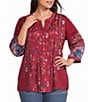John Mark Plus Size Embroidered Multi Floral Round Split V-Neck 3/4 Sleeve Blouse - Image 1