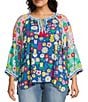 John Mark Plus Size Embroidered Multi Floral Split Round Neck 3/4 Sleeve Tassel Tie Tunic - Image 1