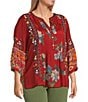 John Mark Plus Size Embroidered Multi Patch Split V-Neck 3/4 Sleeve Hi-Low Hem Tunic, Color:Dark Spice - Image 3