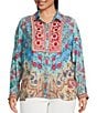 John Mark Plus Size Embroidered Multi Print Point Collar Long Roll-Tab Sleeve Button Front Top, Color:Multiple - Image 1