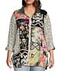 Color:Multi - Image 1 - Plus Size Embroidered Multiple Print Point Collar 3/4 Roll-Tab Sleeve Button-Front Tunic