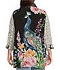 Color:Multi - Image 2 - Plus Size Embroidered Multiple Print Point Collar 3/4 Roll-Tab Sleeve Button-Front Tunic
