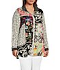 Color:Multi - Image 3 - Plus Size Embroidered Multiple Print Point Collar 3/4 Roll-Tab Sleeve Button-Front Tunic