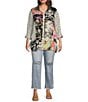 Color:Multi - Image 4 - Plus Size Embroidered Multiple Print Point Collar 3/4 Roll-Tab Sleeve Button-Front Tunic
