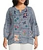 John Mark Plus Size Embroidered Patchwork Split V-Neck 3/4 Sleeve Button-Front Blouse - Image 1